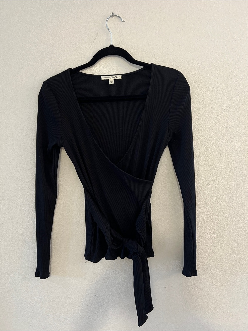 Express Black Ribbed Wrap Long-Sleeve Top